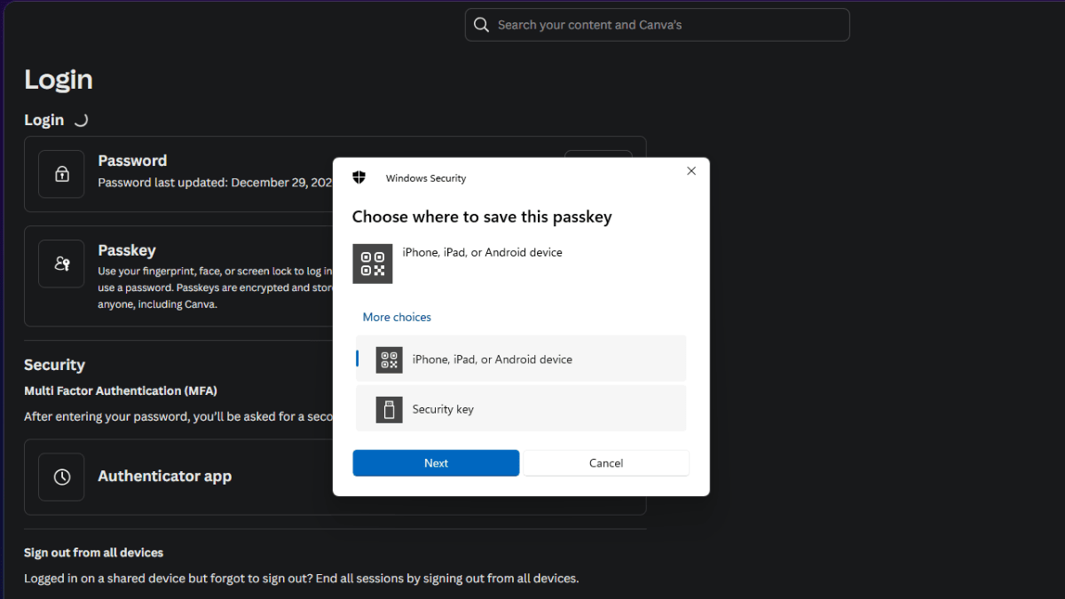 Canva Security key Canva users are able to set up a Passkey in addition to a password for their accounts. In this screenshot, we see that they are asked where they’d like to save the passkey: iPhone, iPad, or Android device is one option. The other is a physical Security key.