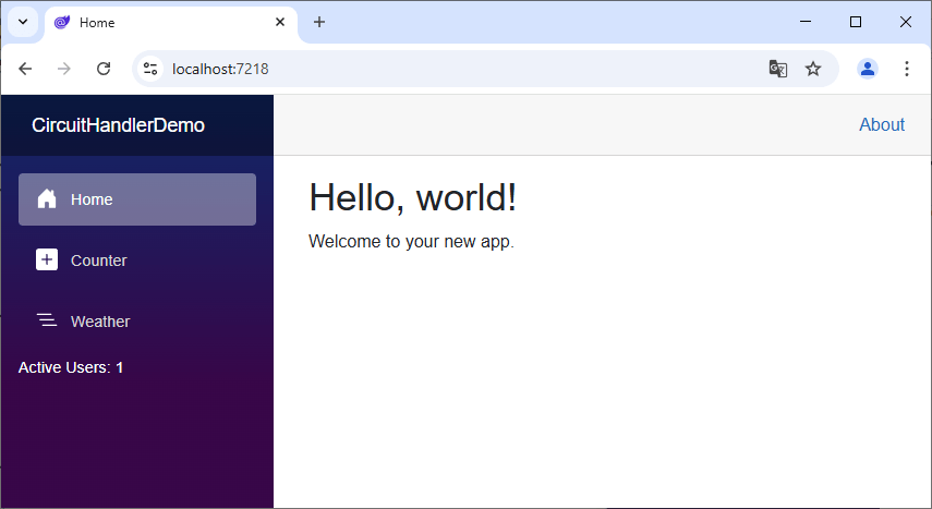 A browser showing the application with the text 'Active Users: 1'