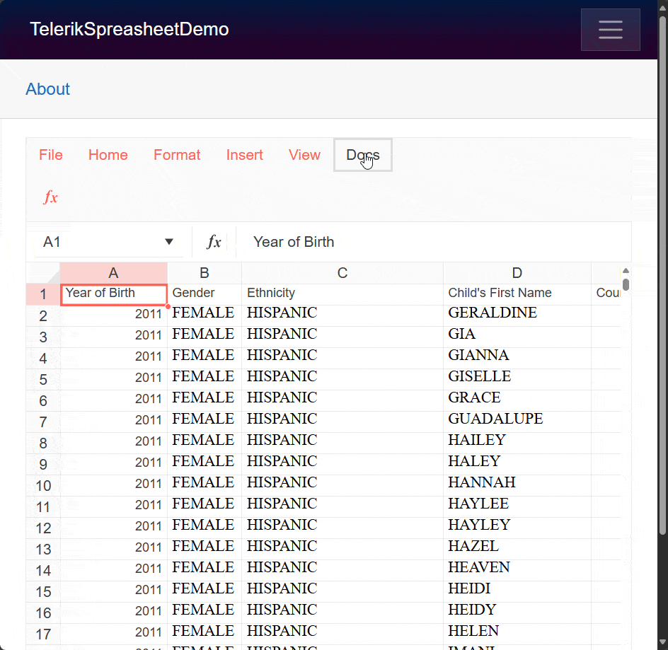 Displaying the list of available functions in the Spreadsheet component using a custom control