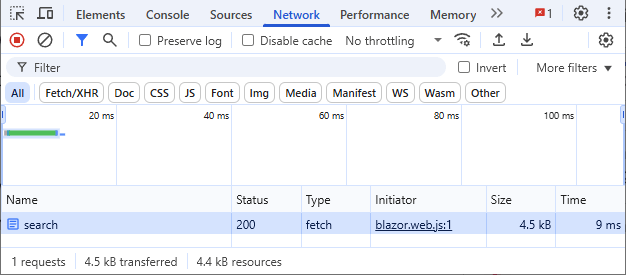 The browser's developer tools showing a fetch request as a result for a form submit using enhanced navigation with an HTML form in a Blazor Web App.