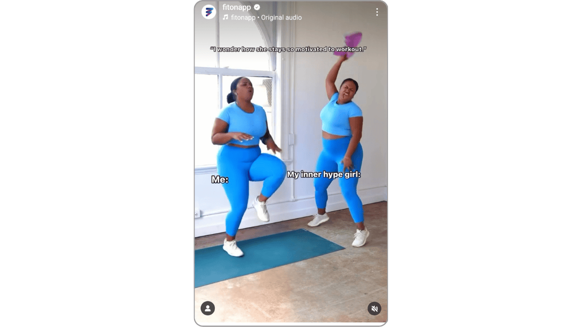 FitOn funny Instagram A funny video on the @fitonapp Instagram page shows a fitness trainer doing knee lifts on one side “Me” and on the other side dancing and cheering her on “My inner hype girl”.