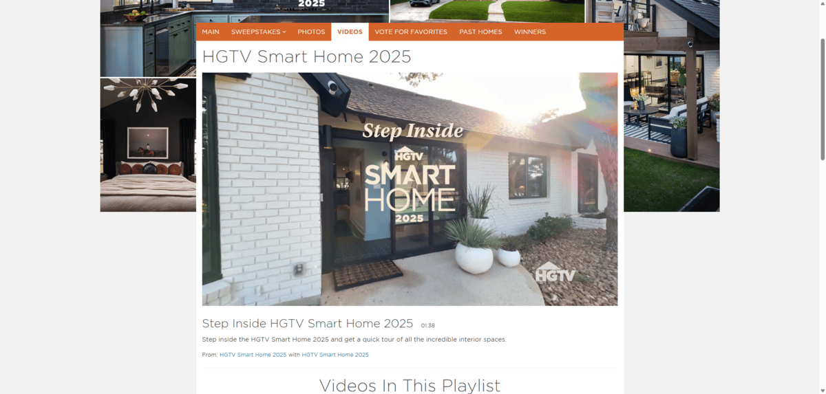 HGTV Smart Home video A screenshot of the HGTV Smart Home 2025 video. We get a look at the outside of the house while the title on top of the video invites viewers to “Step Inside”.