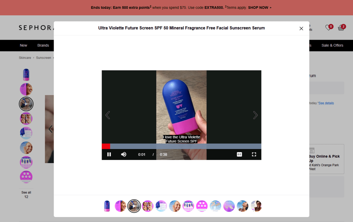 Sephora video with CC On the Sephora product page for Ultra Violette Future Screen SPF 50, there’s a 36-second video where a user reviews the product. As it plays, closed captions appear so that users aren’t dependent on audio to understand what’s being said.