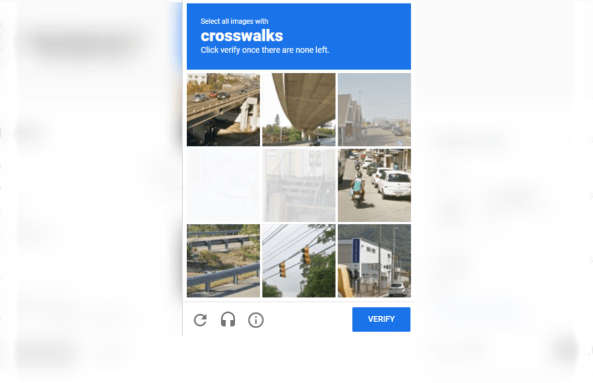 Tesseract Medical Research verification A grid of 9 images appears. At the top, the prompt says “Select all images with crosswalks. Click verify once there are none left”.