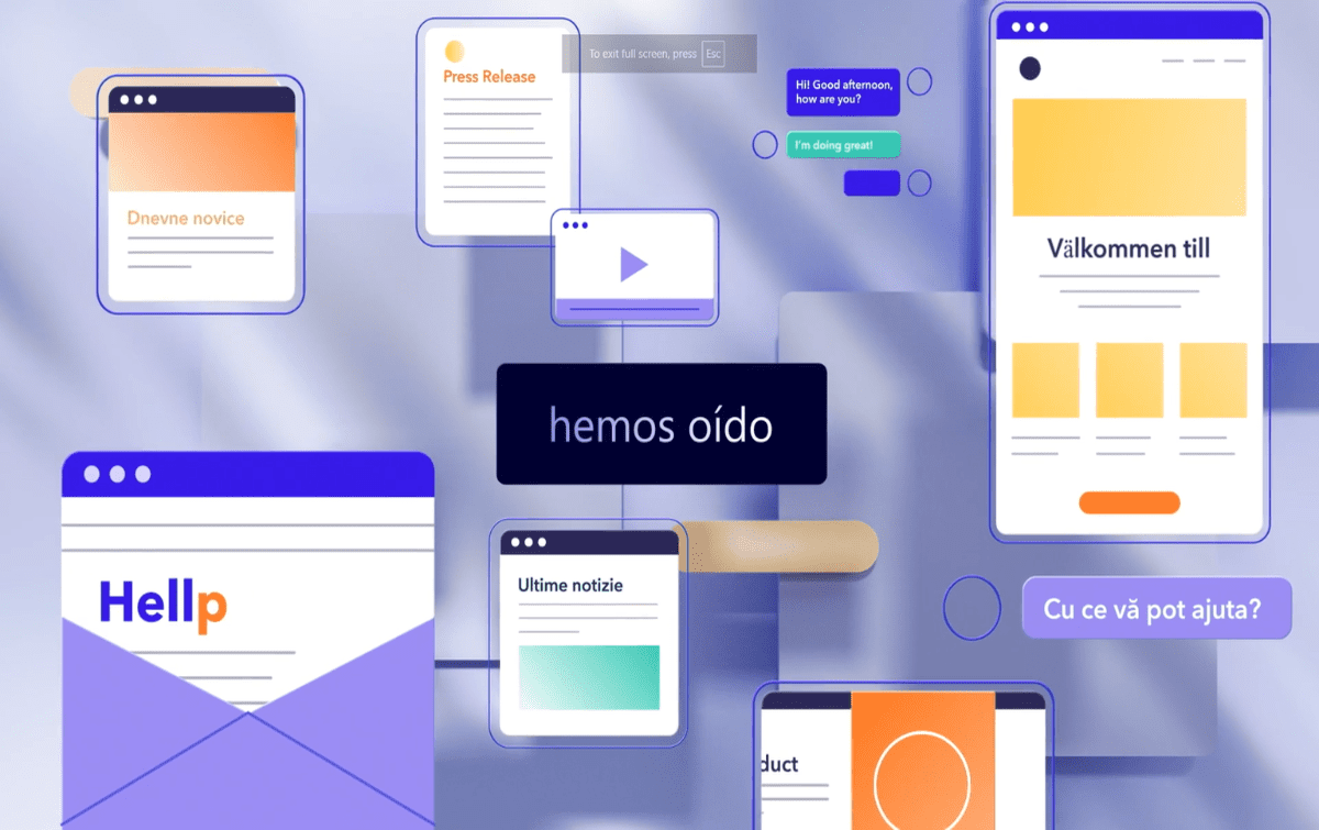 Unbabel animated video On the Unbabel website, there is an explainer video that describes how the AI-powered translation solution works. In this screenshot we see various translations like “hemos oido”, “cu ce va pot ajuta?”, “Dvevne novice”, “Ultime notizie”, and “Valkommen till”.