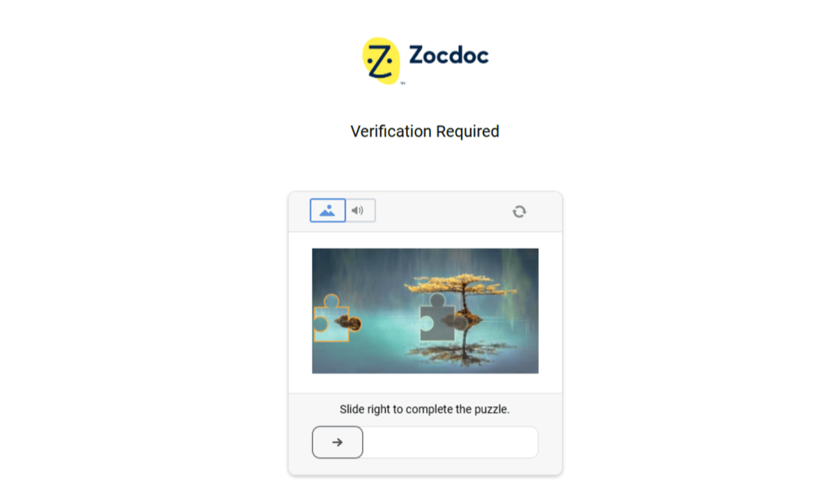 Zocdoc verification Zocdoc shows users an image with two puzzle pieces. The user must drag the puzzle piece containing an image into the matching empty puzzle piece on the right.
