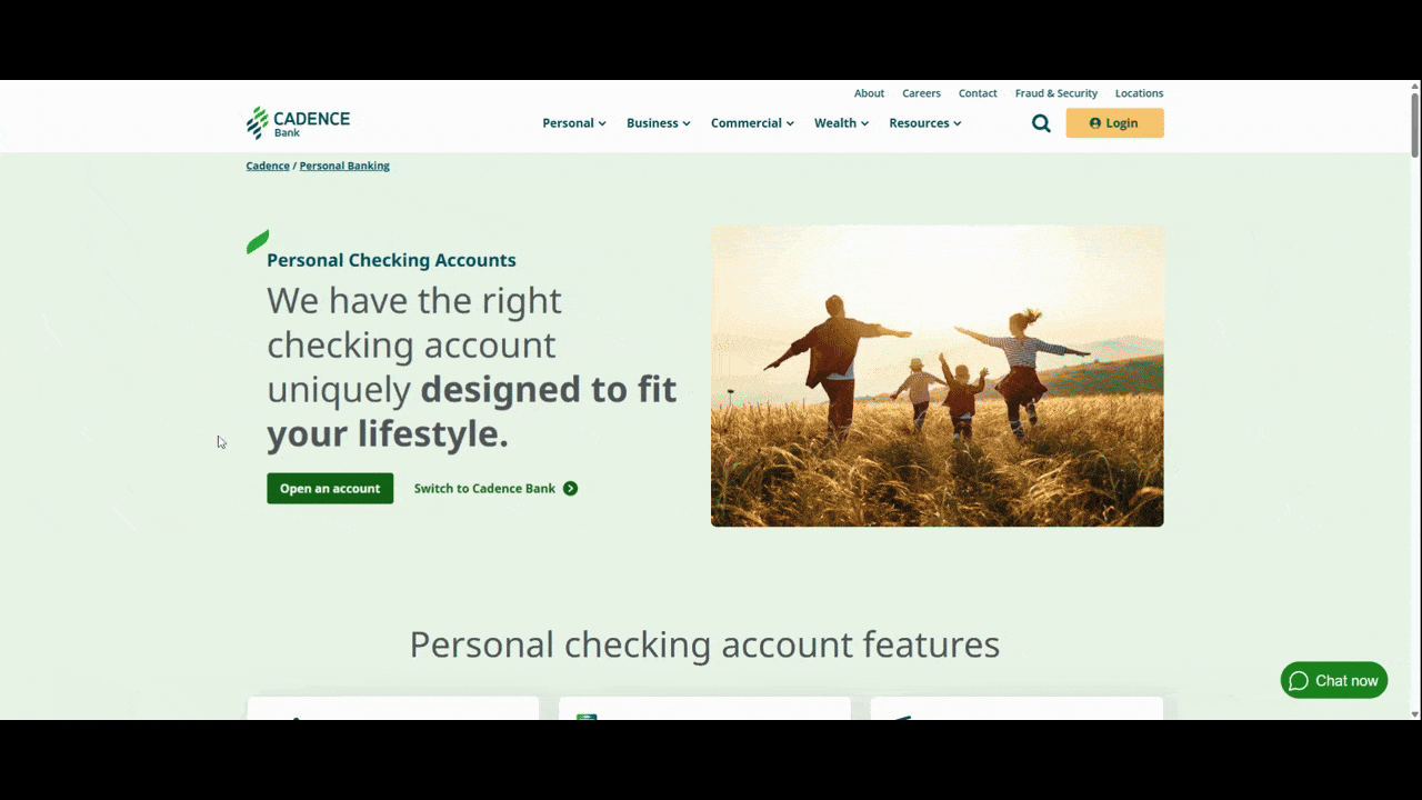 Cadence Bank buttons In this video, we scroll down the Personal Banking page for Cadence Bank. Although there appear to be lots of buttons on the page, the vast majority of them direct visitors to “Open account”.