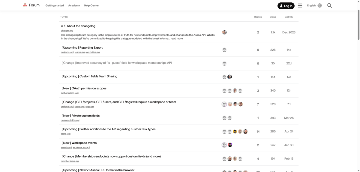 Asana changelog A screenshot of the Asana developer forum, which is where the changelog lives. Each entry in the forum documents the type of change and a short description of the change. Users can click on each to discover the specifics.