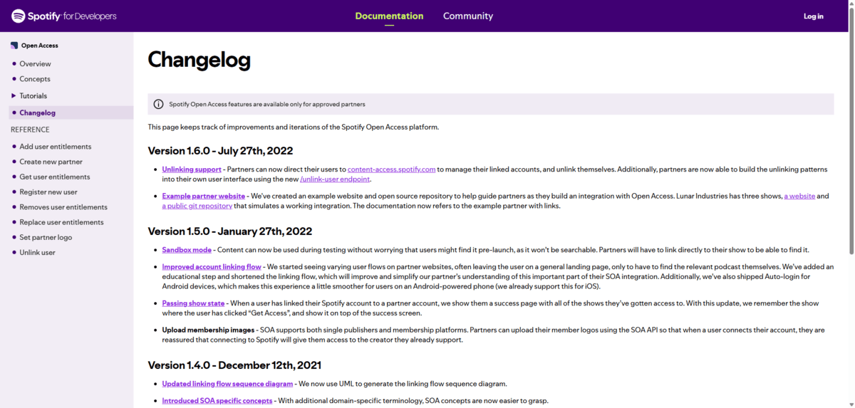 Spotify changelog A screenshot of the Spotify for Developers changelog. Each version has a unique number and release date is in big, bold lettering. Each change is listed as a bulletpoint beneath the version with a brief description and a purple hyperlink to more information.