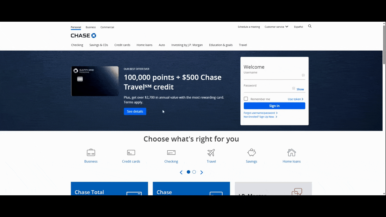 Chase website buttons In this video, we see a user hover over numerous buttons on the Chase website home page. The only button that responds to hover is the “See details” button in the hover section. There’s a slight color change from light blue to dark blue.
