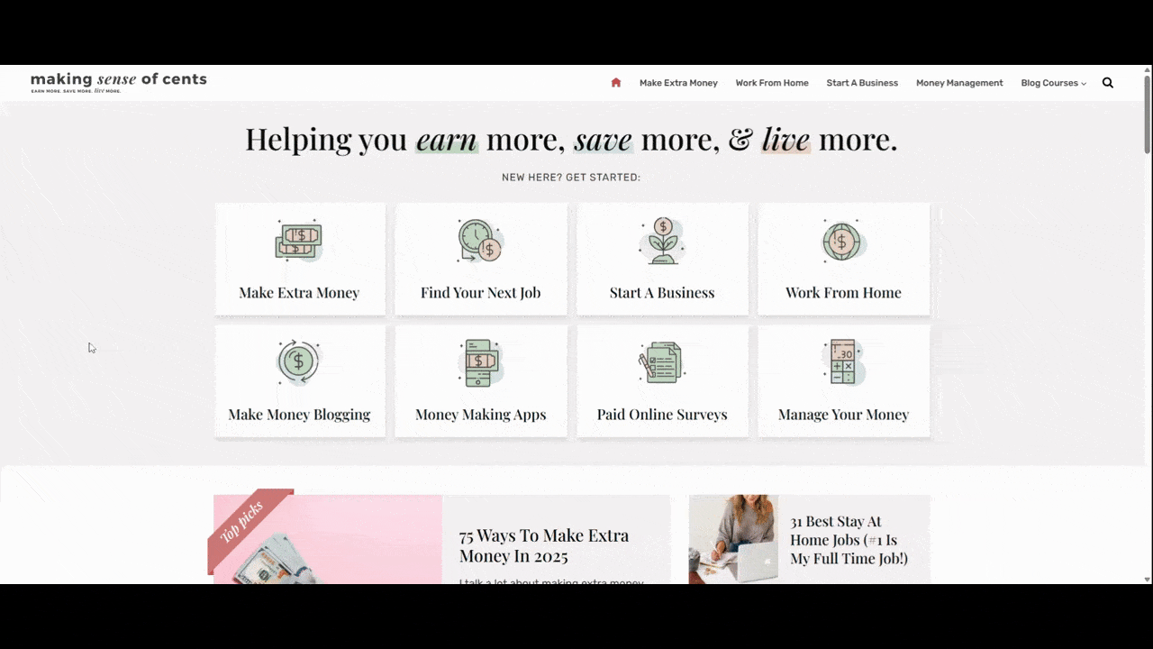 Making Sense of Cents interactions A video from the home page of the Making Sense of Cents website. We look at how hovering over different buttons looks. Most buttons turn the text from black to orange. However, 8 white boxes at the top of the page with light green and red icons animate upon hover.