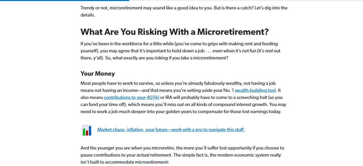 Ramsey Solutions blog links In this microretirement blog post from Ramsey Solutions, we see three blue, underlined hyperlinks amongst the black text.