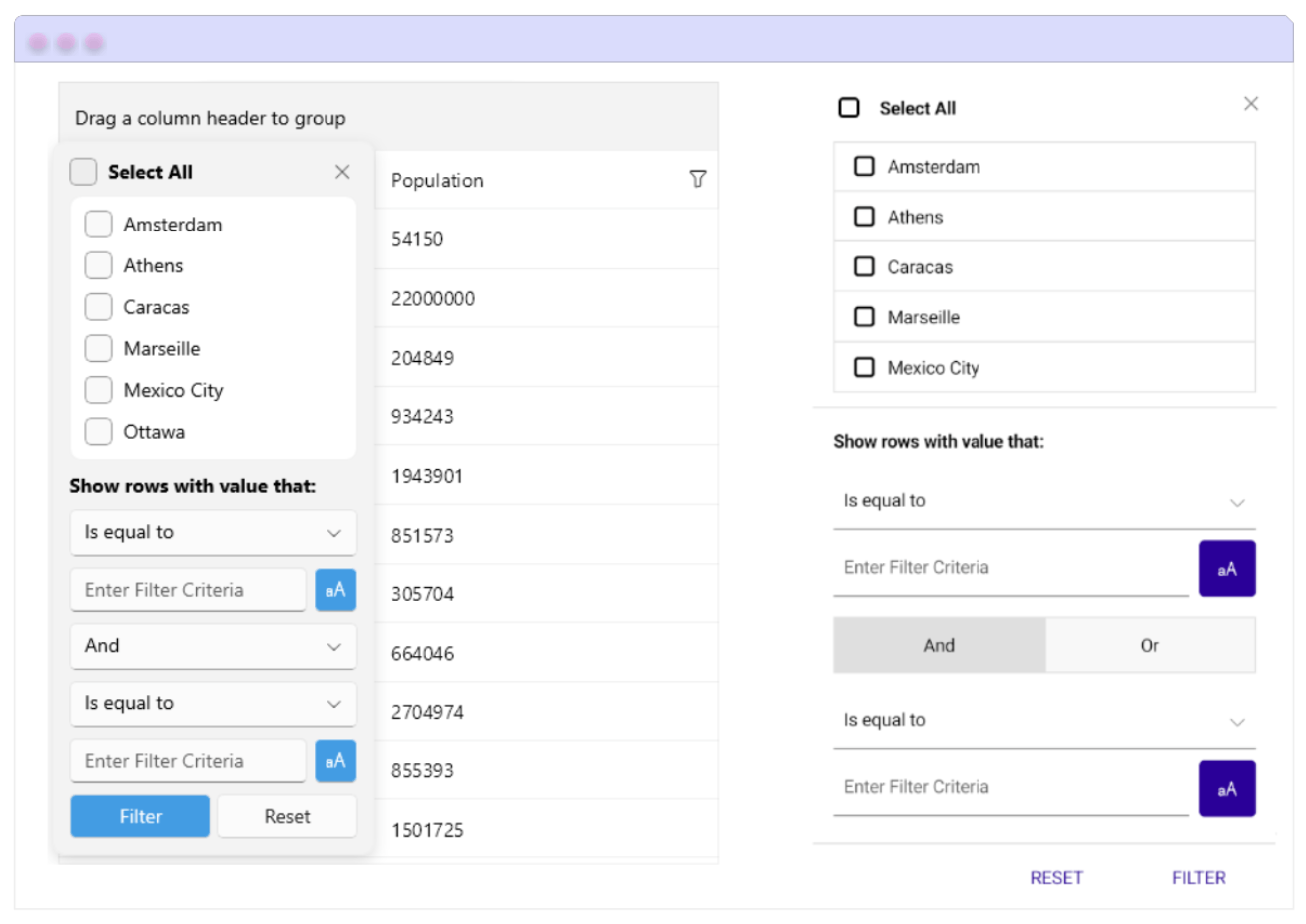 PopUp Filtering Sample .NET MAUI Grid with popup filtering