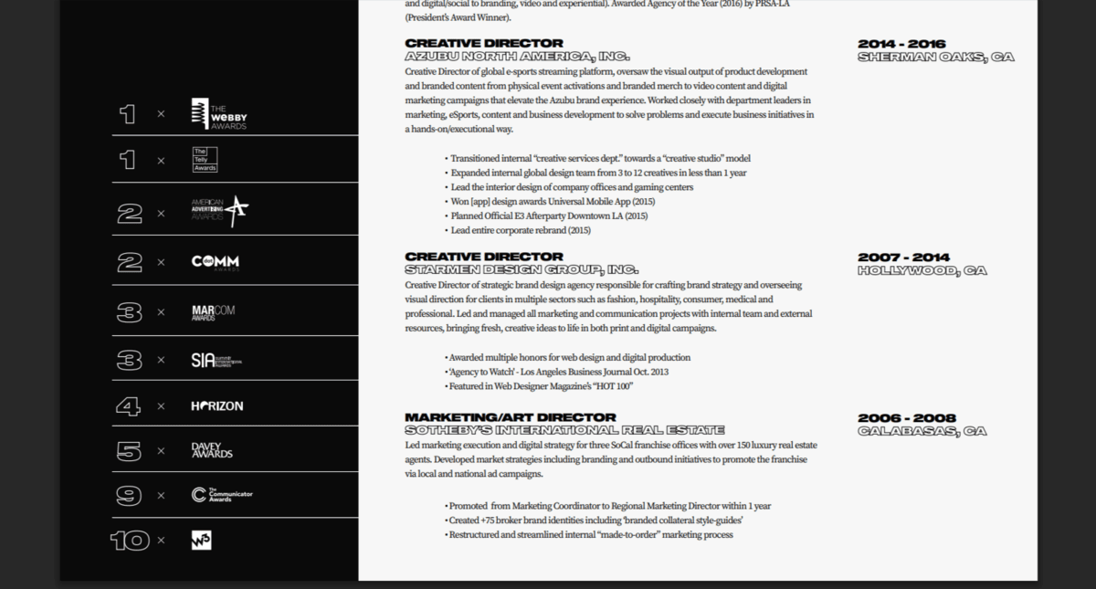 Anthony Wiktor resume A close-up look at the PDF resume for Anthony Wiktor. In the bottom-left corner is a list of awards. Along the left column are numbers showing how many times he’s won each award. In the right column are logos for the awards, like The Webby Awards and MarCom Awards.