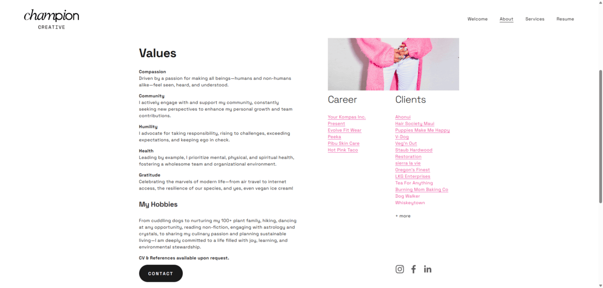 Champion Creative resume The About page for Champion Creative lists five values: Compassion, Community, Humility, Health, and Gratitude.