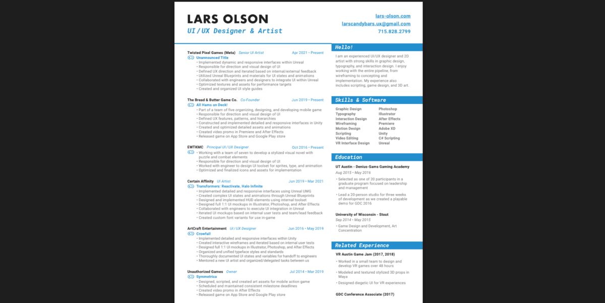 Lars Olson resume The PDF resume of Lars Olson. Using a traditional resume format, Olson’s work history takes up about ⅔ of the page and is laid out in reverse chronological order on the left side. Along the right sidebar, there are sections for: Hello!, Skills & Software, Education, and Related Experience.