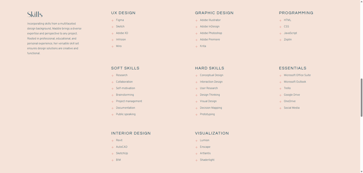Maddie Harris resume A look at the Skills section on the Maddie Harris website. The section is divided into 3 columns and 3 rows. There are anywhere from 4 to 7 skills listed under each category, like UX Design, Graphic Design, and Programming.