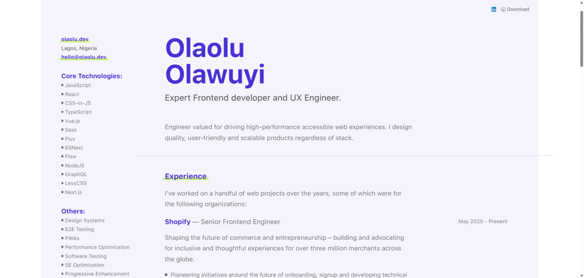 Olaolu Olawuyi resume The online resume page of Olaolu Olawuyi. The page is designed with a purple color scheme, light purple for the background and a darker, brighter purple for heading text. This single-page resume details Core Technologies, Other Skills, as well as Experience.
