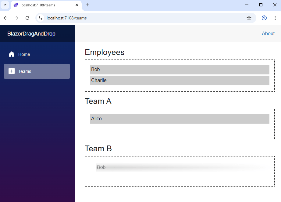 Blazor Drag and Drop example. A browser window with three columns for employees. First, all available employees. The second column contains Team A members, and the third Team B members in a Blazor web application with dragging in action.