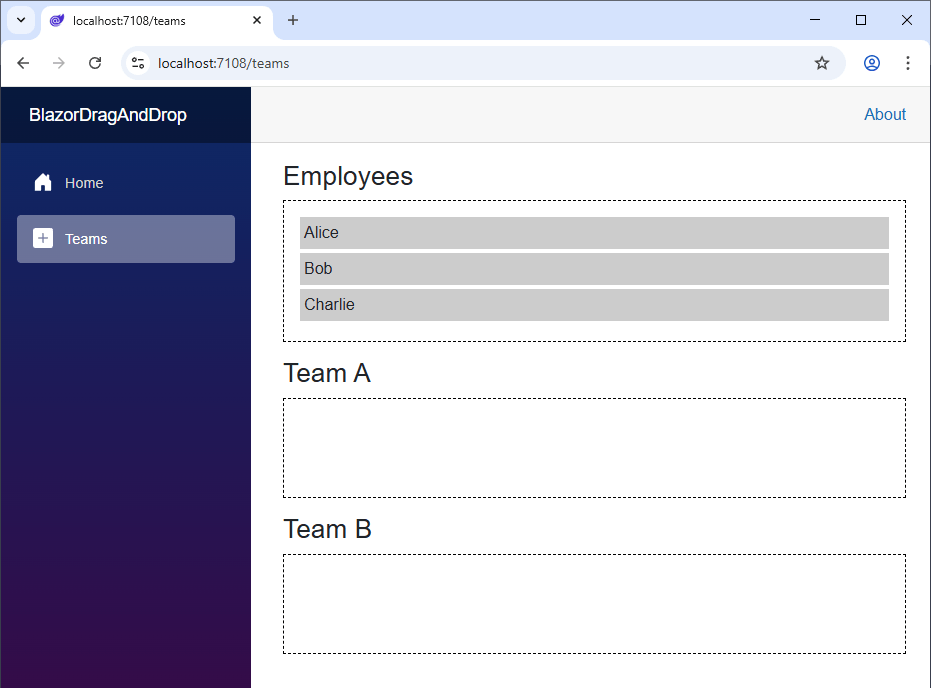 Blazor Drag and Drop example. A browser window with three columns for employees. First, all available employees. The second column contains Team A members, and the third Team B members in a Blazor web application.