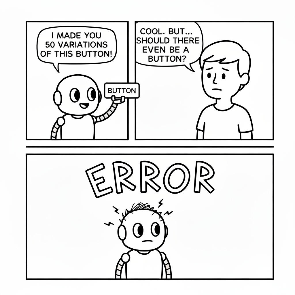 Comic shows a robot holding a button saying,