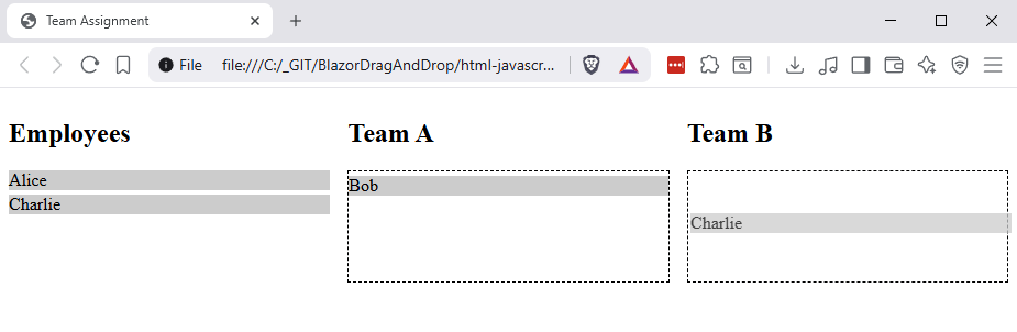 HTML5 & JavaScript Drag and Drop example. A browser window with three columns for employees. First, all available employees. The second column contains Team A members, and the third Team B members.