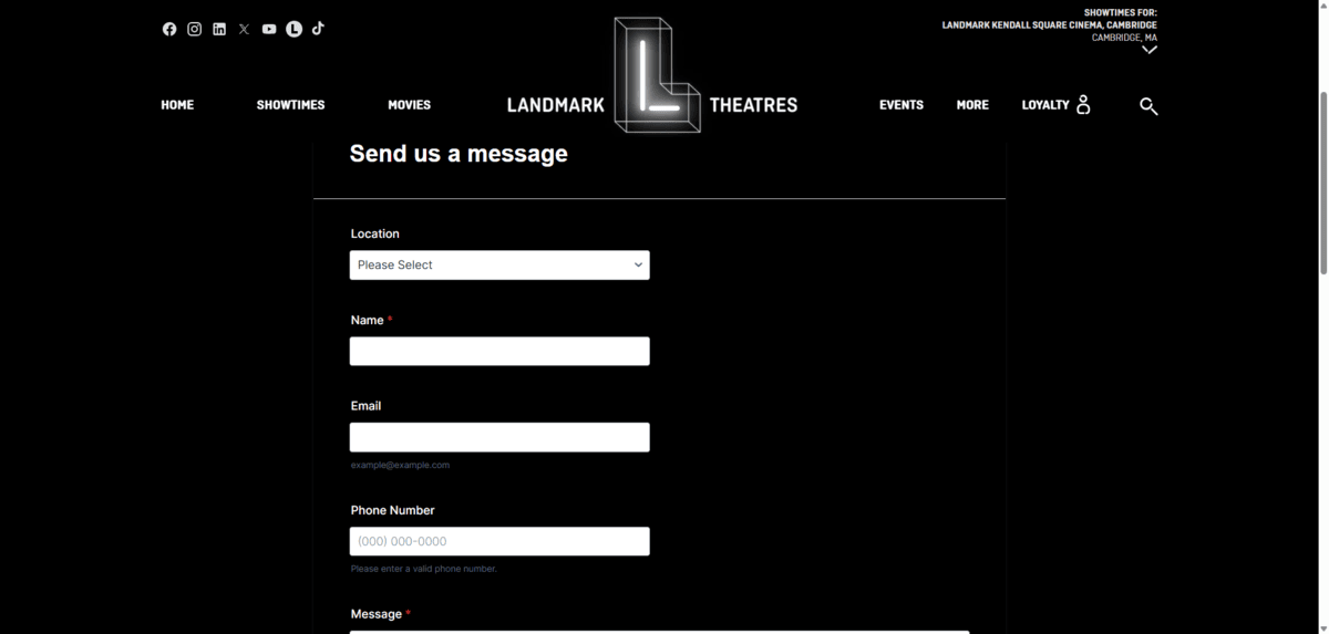 Landmark Theatres contact form A screenshot taken from the Contact Us page on the Landmark Theatres website. We see fields for Location, Name, Email, Phone Number, and Message.