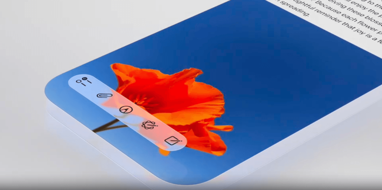 After Liquid Glass An example of what an Apple toolbar looks like with Liquid Glass. It’s a translucent toolbar that hovers over the content on the screen. In this case, it’s a blue sky background with a red flower in the foreground.