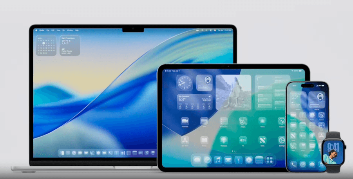 Apple OS in Liquid Glass A mockup of Liquid Glass for Mac, iPad, iPhone, and iWatch. We see how all of the functional components and app icons now have a frosted, translucent look to them.