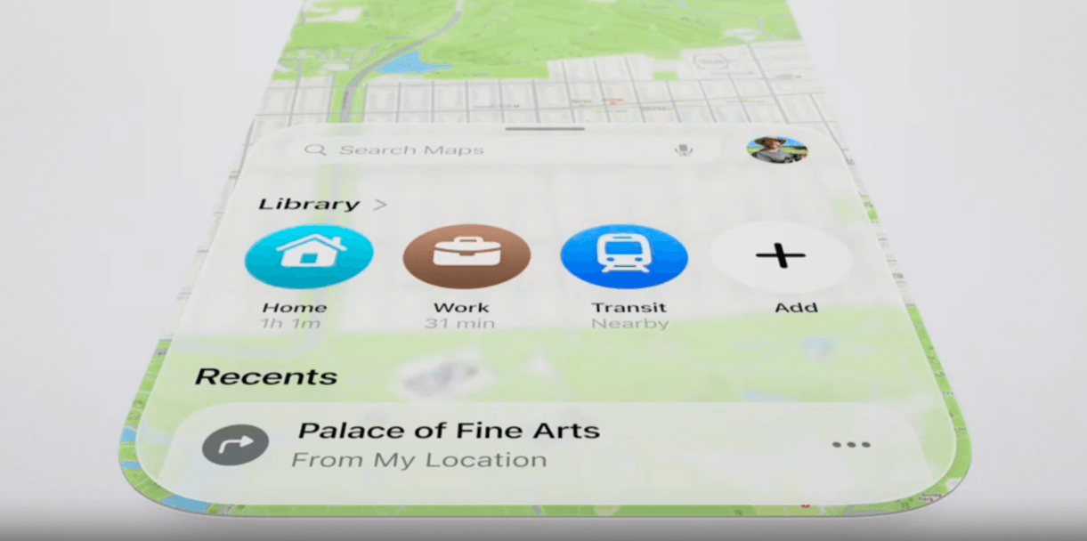 Apple Maps search options When a user engages with the Apple Maps search feature, a panel opens up that shows them the search bar plus a Library of presets like Home, Work, and Transit, as well as a list of Recent destinations.