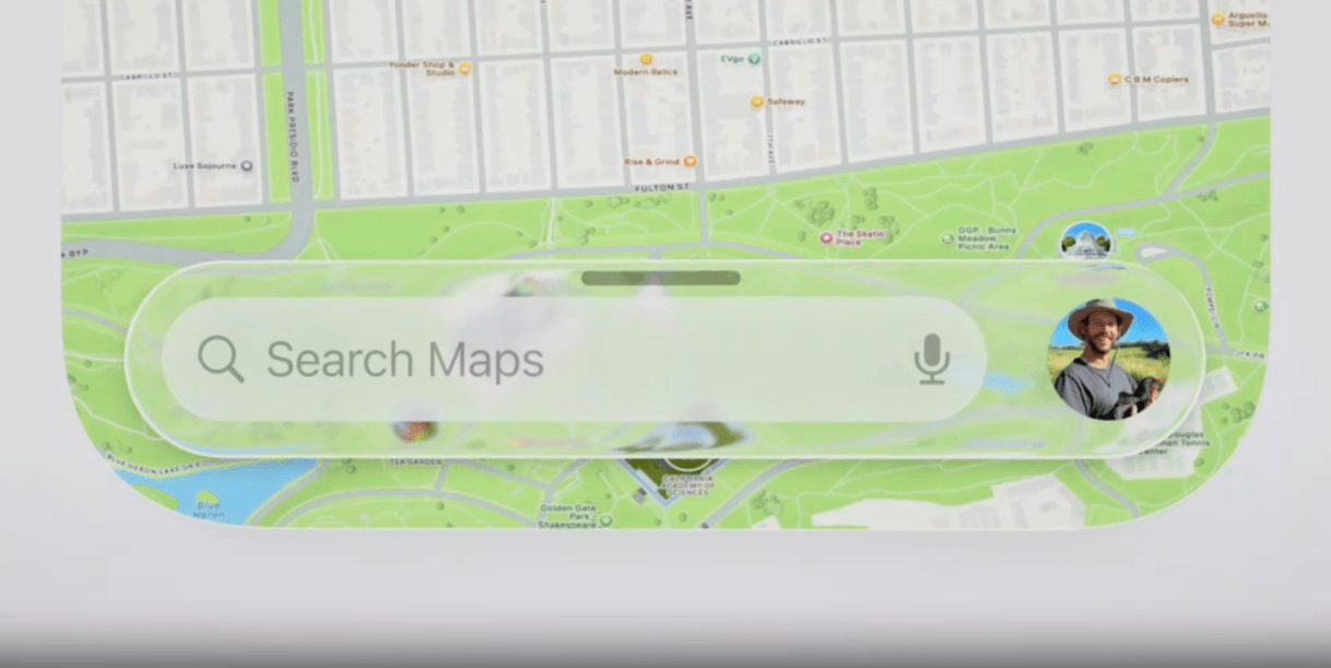 Apple Maps Liquid Glass In this example from Apple Maps, we see a nearly full-width search bar designed with Liquid Glass. It contains the search field, audio search button, and user icon.