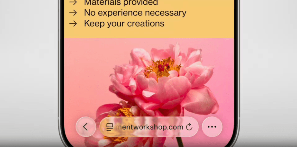 Liquid Glass smaller elements When smaller Liquid Glass elements appear over content, they refract light, allowing us to see what’s behind them. In this example, we see an address bar that reads “mentworkshop.com”. Behind it, we see the pink flowers from the content background.