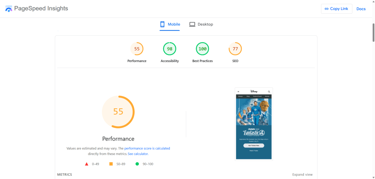 PageSpeed Insights scorecard In this screenshot from Google PageSpeed Insights, we see four scores for the disney.com website: 55 for Performance, 98 for Accessibility, 100 for Best Practices, and 77 for SEO.