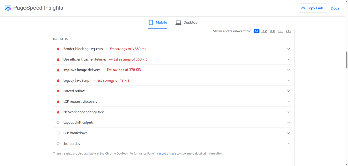 PageSpeed Insights recommendations The Performance Insights tab in Google PageSpeed Insights recommends actions like Render blocking requests, Use efficient cache liftetimes, Improve image delivery, Legacy JavaScript, and Forced reflow.