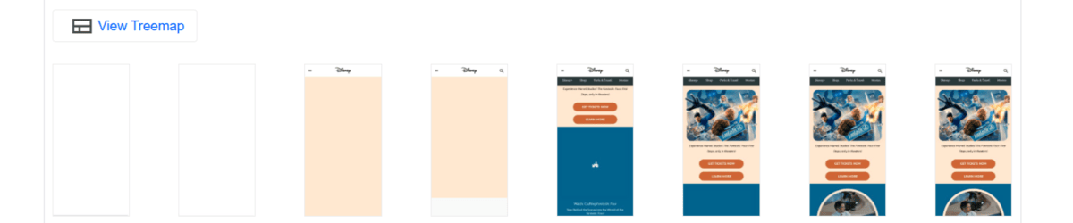Speed Index visualization In PageSpeed Insights, visitors can see a breakdown of how the visuals appear as the page loads. In this screenshot, we see 8 frames of the homepage. The first two are completely blank. The second two show the mobile website header and a tan-colored page. The next four show how the content of the page slowly loads into focus.
