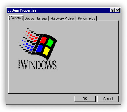 Windows 95 settings dialog example Windows 95 System Properties dialog showing multiple tabs