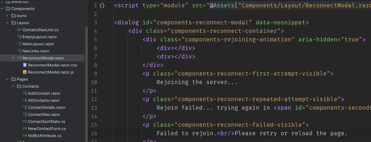 Reconnection Modal HTML Reconnection Modal HTML and solution explorer showing .css and .js files