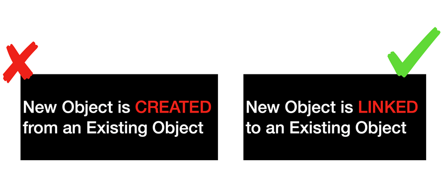 Red X - New Object is CREATED from an existing object. Green check - New Object is LINKED to an existing object.