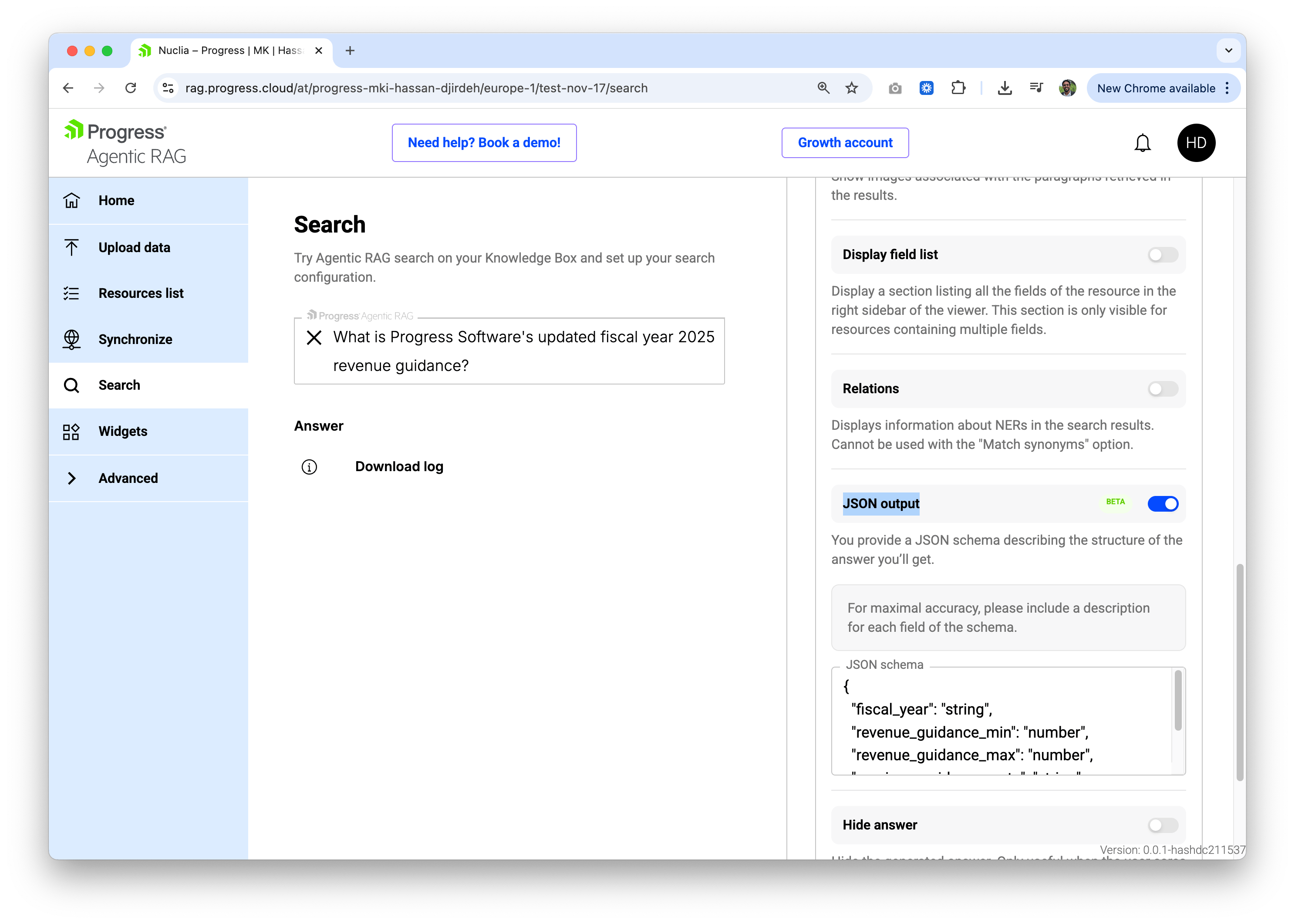 Progress Agentic RAG JOSN output