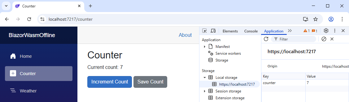 A running Blazor web application with the developer tools opened and the Application tab selected. The Local Storage contains a counter key and a value with the current count.