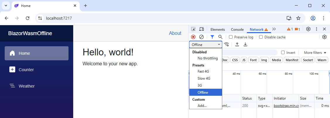 A running Blazor web application with the developer tools opened and the Network tab selected. The network connectivity speed is set to Offline.