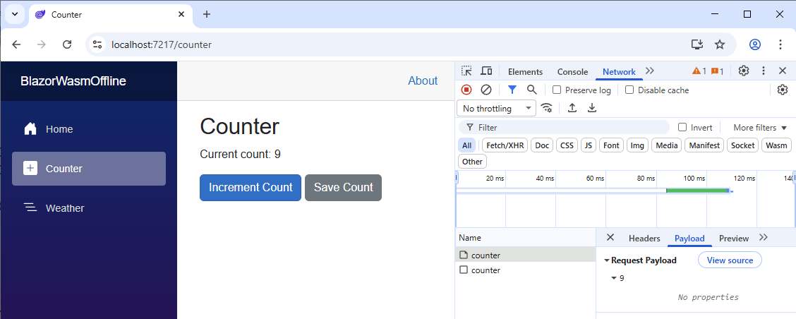 A running Blazor web application with the developer tools opened and the Network tab selected. An HTTP request with the current counter value as its payload is visible.