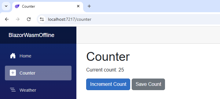 A browser with a running Blazor WebAssembly web application and a Counter page showing the current counter values and two buttons to increment and save the value.