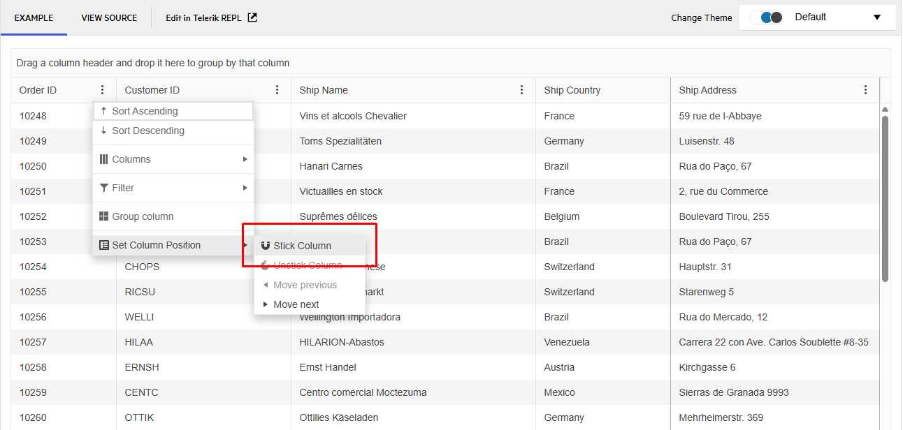 ASP.NET Stick Column feature This demo data grid built with ASP.NET shows how users can freeze columns. They click the three vertical dots next to the column name, hover over “Set Column Position”, and then select “Stick Column”.