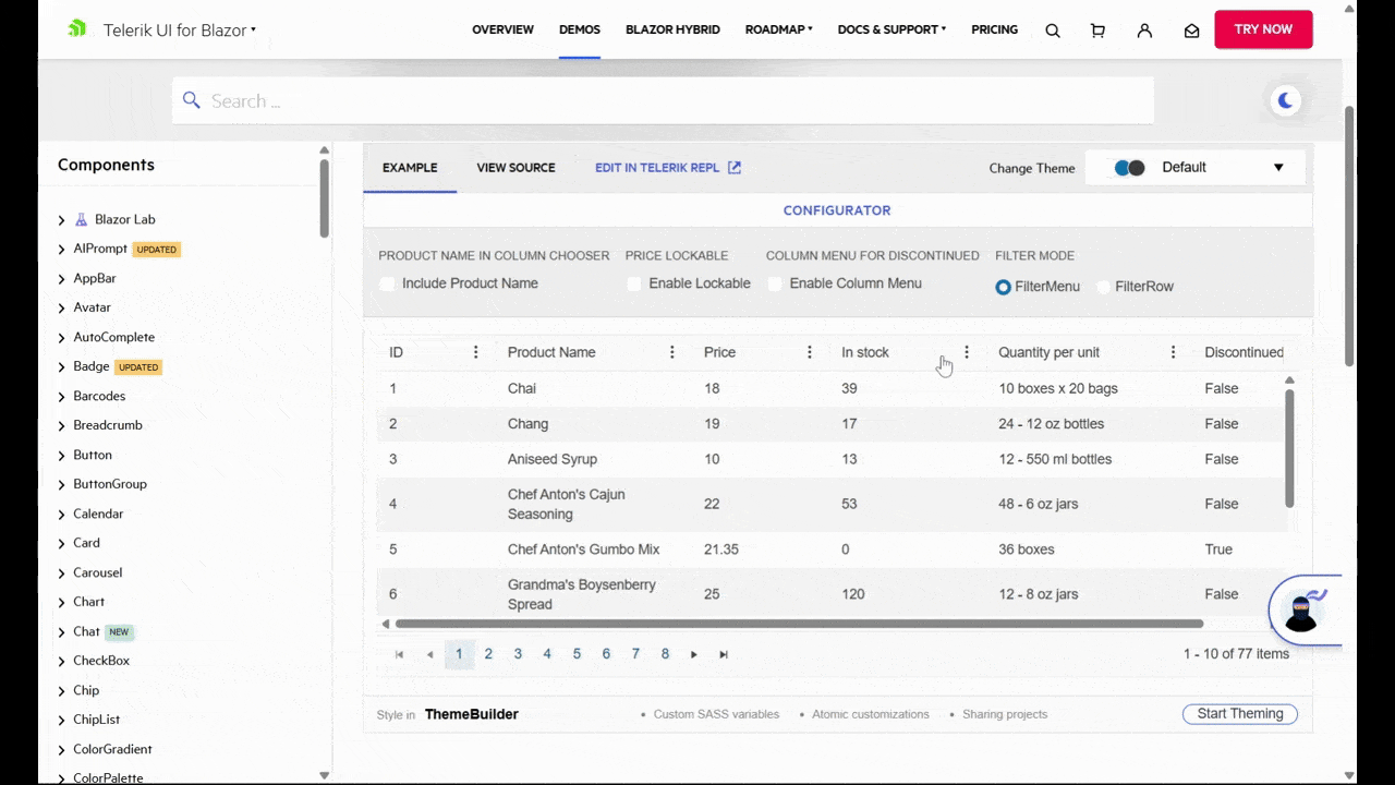 Blazor column filters In Blazor DataGrid, users will be able to filter their numerical data by using equal to, is greater than, is less than, and other numerical filtering options. Here we see the “In stock” column get filtered by “is greater than or equal to” 115. Only 4 results remain after the filter is applied.