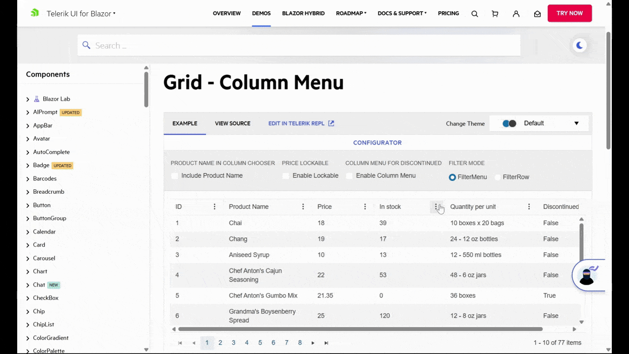 Blazor column sort options In this screenshot from Blazor DataGrid, we see what the dropdown options look like. There’s Sort Ascending and Sort Descending. When the user clicks Sort Ascending, the numbers go from low to high. When the user clicks Sort Descending, they go from high to low.