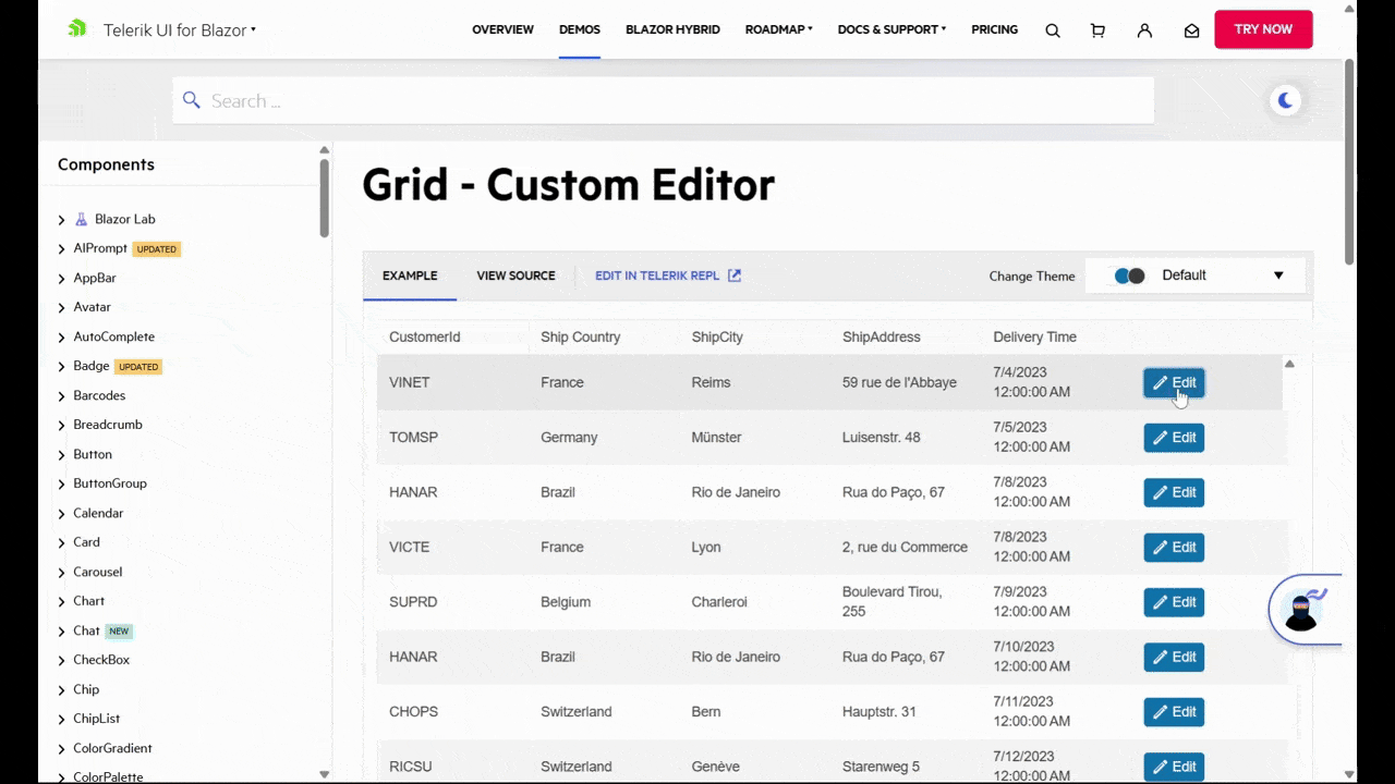 Blazor Custom Filter demo A demo shows how a user can update a row in their data grid. When selecting the “Delivery Time” column, a calendar appears first. After clicking on “Today” to set the date, the view rotates to a time scroller where the user selects 3 as the hour, 10 as the minutes, 00 as the seconds, and PM as the time of day.