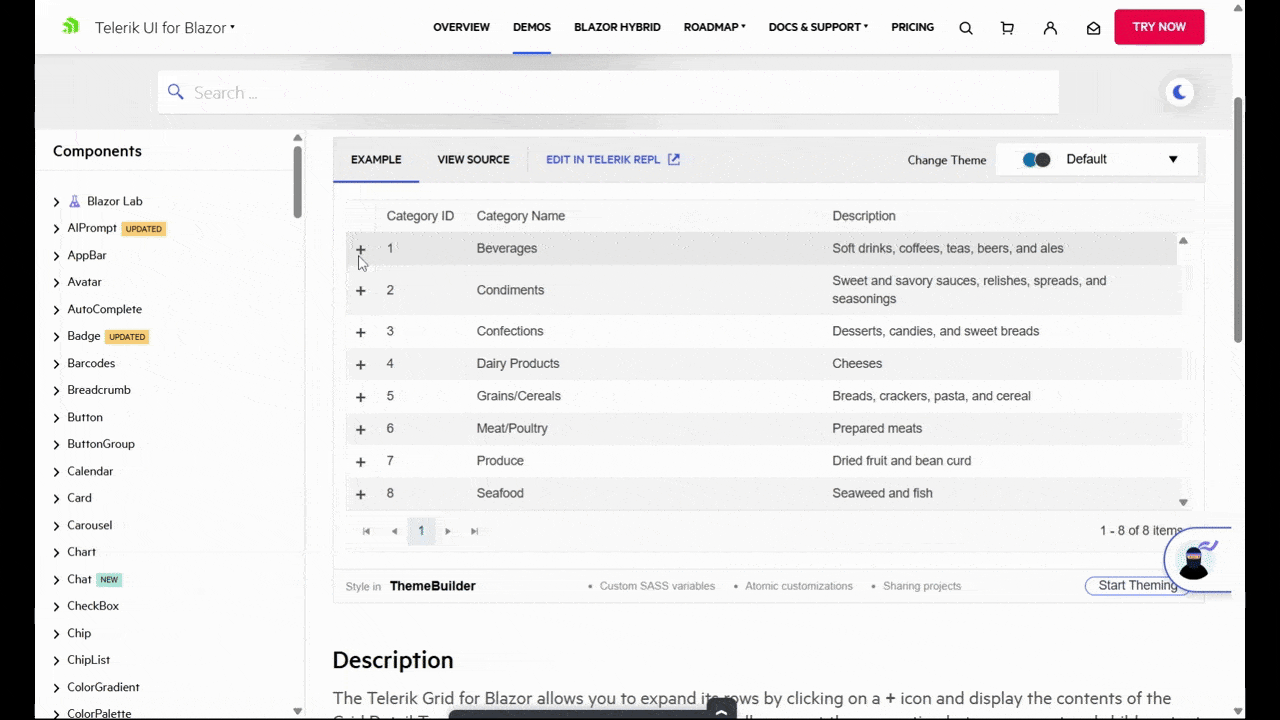 Blazor DataGrid Hierarchy Demo In this video, we see the Telerik UI for Blazor demo for the Hierarchy feature. This data grid contains a list of food categories like Condiments and Meat/Poultry. When the user clicks the plus-sign to the left of the category, corresponding product names are revealed five at a time.