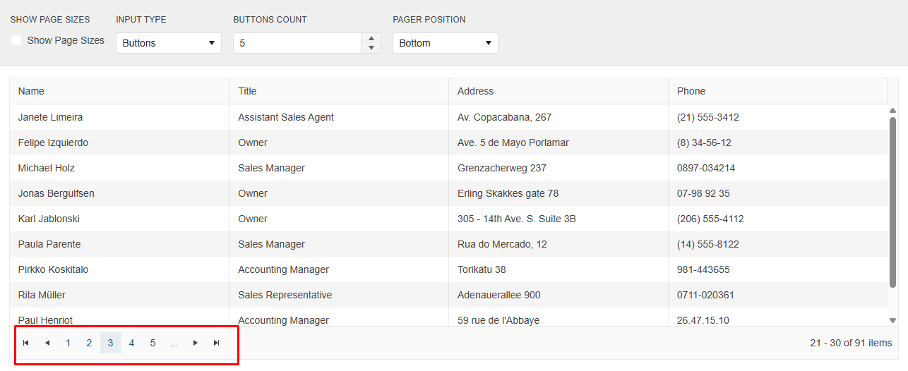 Blazor grid paging With Blazor DataGrid, you can break large datasets into smaller screens and include a paging navigator at the bottom. In this example, we see that a list of 91 items has been broken up into more than 5 navigable screens..