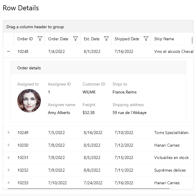 .NET MAUI Row Details An example of how the Row Details feature works for .NET MAUI. This table contains five columns detailing recent customer orders. When the order is clicked, they reveal more details about who the order is Assigned to, the Assignee ID, the Assignee name, the Customer ID, the Freight, the Ships to, and the Shipping address.